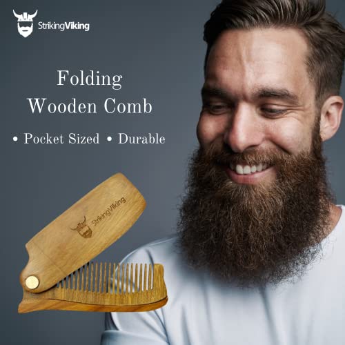 Pocket Sized Wooden Beard Comb & Mustache Comb with Fine & Coarse Teeth - Perfect for Use with Balms and Oils (Folding Comb Small)