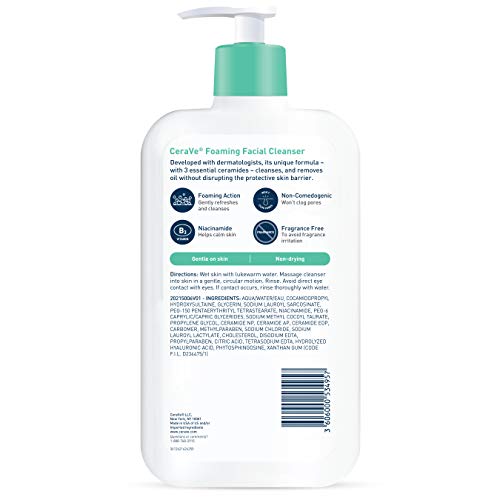 CeraVe Foaming Facial Cleanser | Daily Face Wash for Oily Skin | Hyaluronic Acid + Ceramides + Niacinamide| Fragrance Free & Paraben Free | Non-Drying Oil Control Face Wash | 19 Fluid Ounce