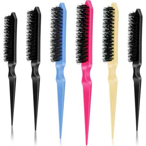 Yaomiao 6 Pcs Teasing Brush for Fine Hair Nylon Rat Tail Brush Set Women Three Row Salon Teasing Set for Back Combing, Root Hair Scalp Massage(Black, Blue, Rose Red, Yellow)