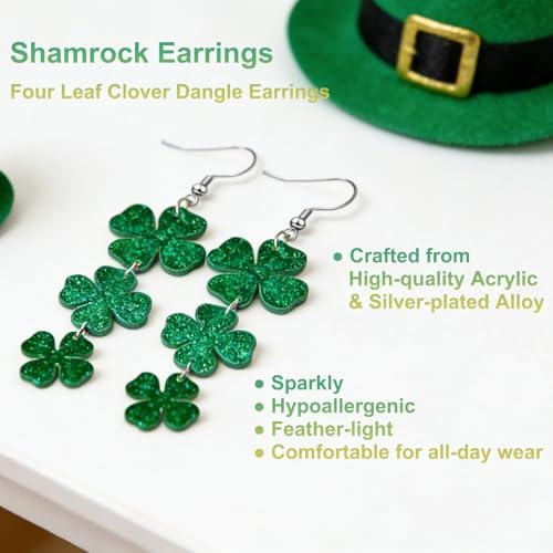 Mysense St Patricks Day Accessories,Shamrock Dangle Earrings,Four Leaf Clover Green Glitter Stick for Face Hair Body,Irish Festival Accessories for Saint Patrick¡¯s Day Outfit Women Girls