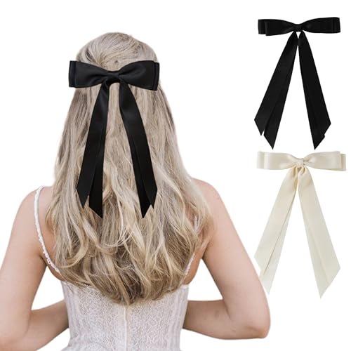 juyght 2PCS Double layer Ribbon Hair Clips Bowknot with Long Tail Bow Hair Clips Tassel Bowknot Hair Clips with Long Tail Hair Clips for girls with Bowknot Clips Women Ribbon for Hair Barrettes Clip