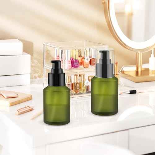 6 Pcs Empty Glass Pump Bottles Refillable Cream Lotion Bottles Travel Sample Bottles Cosmetic Dispenser Bottles Containers For Lotion Cream Emulsion Essence (Green, 60ml/2oz)