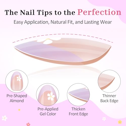Kids Press On Nails 128 Pcs Almond Flower Design Girls