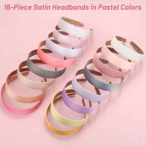 anezus 16 Pcs Satin Headbands Bulk 1 Inch Anti-slip Ribbon Hair Bands Plain Hard Headbands for Women Girls DIY Craft Hair Accessories (Pastel Color)