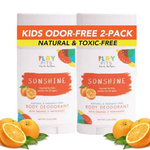 PLAY PITS - Kids Deodorant for Girls & Boys - Natural - Aluminum-Salt Free - Safe for Sensitive Skin ? SONSHINE is Infused w/Orange & Peppermint Oils - Non-Toxic & Paraben Free - 2.65oz - 2pk