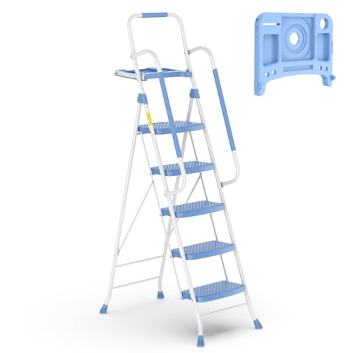 HBTower 5 Step Ladder with Handrails, Folding Step Stool with Tool Platform, 330 LBS Portable Steel Ladder for Adults for Home Kitchen Library Office, Blue