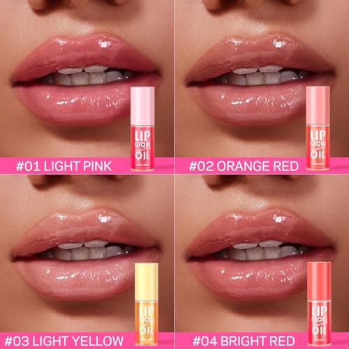 AMOADO Tinted Lip Oil Set - Hydrating Glossy Lip Gloss with Fruity Flavors, Non-Sticky, 4 Shades for Women & Girls