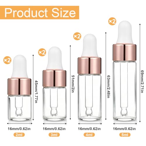 8 Pack Glass Dropper Bottles with Rose Gold Caps – 2ml to 5ml