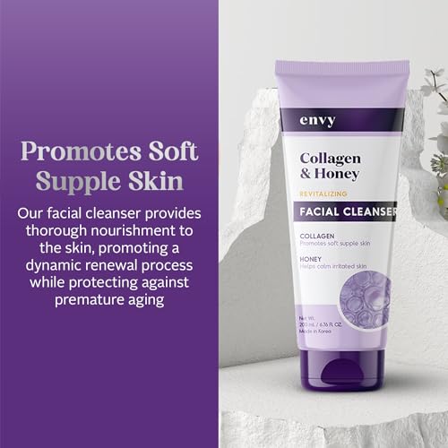 Envy Facial Cleanser with Collagen & Honey - Reduces Fine Lines, Wrinkles & Hydrating - Clean, Cruelty-Free Korean Skin Care for All Skin Types - Dermatologist Tested - 6.76 oz