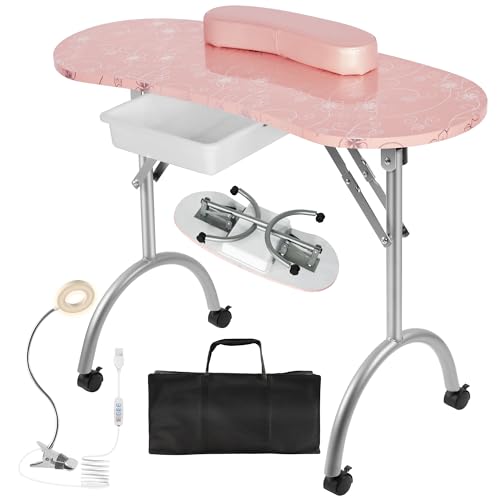 Portable Manicure Table with LED Lamp, Foldable Nail Desk on Wheels