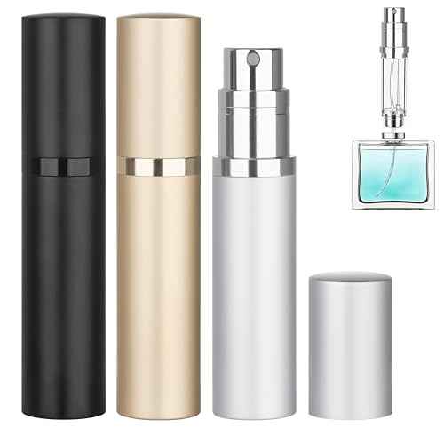 Refillable Perfume Atomizer Travel Bottle 3-Pack 5ml Leakproof Luxury Travel Perfume Refillable Bottle, Portable Fragrance Atomiser (Black & Gold & Silver)