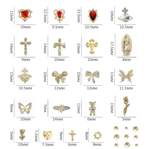 80+ Pcs Golden Nail Charms with Nail Art Rhinestones Gold Cross Virgin Mary and Rose Nail Gems for Acrylic Nails Accessories for Women Nail Decorations Manicure Craft DIY Supplies