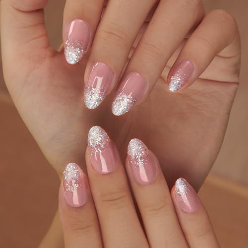 CurvLife Medium Almond Glitter Press-On Nails - Apricot Pink Sparkle, Long-Lasting Gel Finish