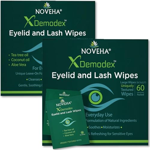NOVEHA Demodex Eyelid & Lash Wipes, 60ct (Pack of 2)
