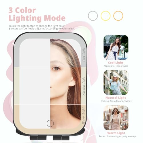 Portable Lighted Makeup Mirror with USB Recharge, 3-Color LED