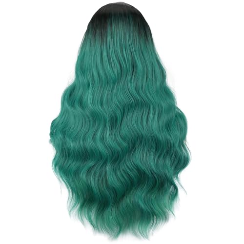 Green Ombre Wigs for Women Long Curly Wavy Synthetic Cosplay Costume with Bangs