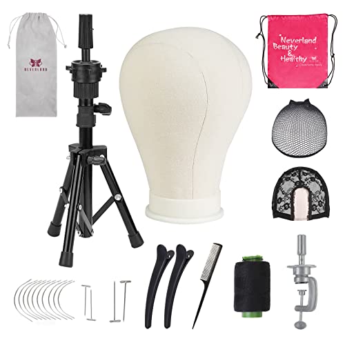 Neverland Beauty & Health Wig Head 23 Inch,Wig Stand Tripod with Mannequin Head,Wig Head Stand with Canvas Head for Wigs Making Display with Table Clamp,Wig Caps,Pins Set,Hair Brush&Clips