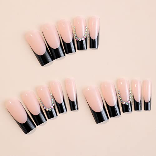 LPOODDNU Black French Tip Square False Nails, 24 Pcs Reusable Nails with 3D Rhinestone Design, Glossy Glue on Nails for Women Girls