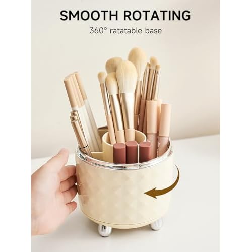 Makeup Brush Holder with Dustproof Lid, 360 Rotating Makeup Brush Organizer, Brushes Cup for Cosmetics, Nail Polish, Bathroom Vanity