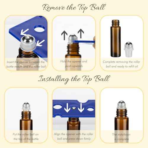 10ML Essential Oil Roller Bottles, 4 Pack Brown Oil Roller Bottles for Essential Oils, Roll on Bottle with Stainless Steel Balls(4 Labels, Opener, Funnel, Dropper Included)
