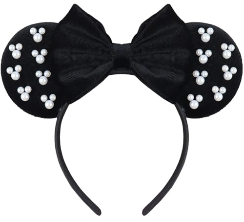 LIHELEI Velvet Pearl Mouse Ears Headband for Women Halloween Costume Party Hair Accessories - Black Pearl, Size 9x7"