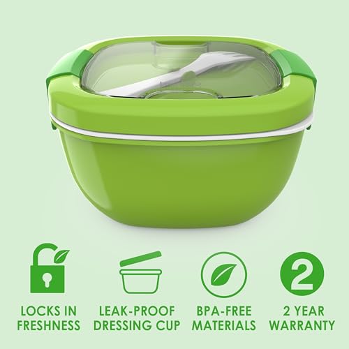 Bentgo All-in-One Salad Container - Large Salad Bowl, Bento Box Tray, Leak-Proof Sauce Container, Airtight Lid, & Fork for Healthy Adult Lunches; BPA-Free & Dishwasher/Microwave Safe (Green)