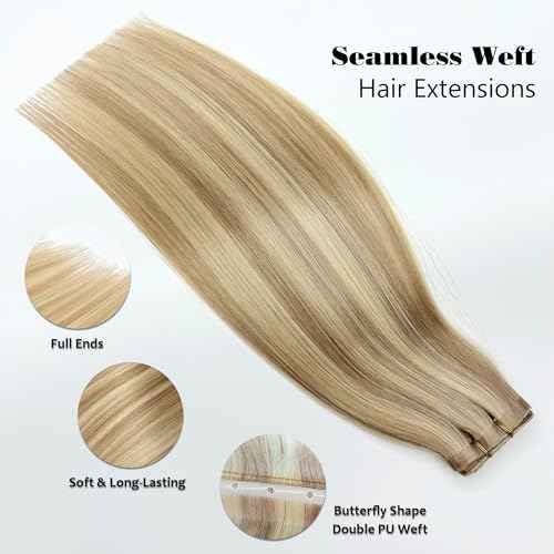 Butterfly Weft Hair Extensions Human Hair-Invisible Double Layered with Hole Hand Tied Genius Weft PU Seamless Micro Beads Real Remy Hair Blonde Highlights 100g #16P22 22 Inch