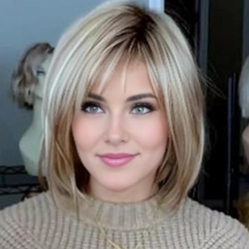 Layered Blonde Bob Wig with Bangs for Women - 12 Inch Synthetic Hair
