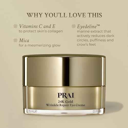 PRAI Beauty 24K Gold Wrinkle Repair Eye Creme - Anti-Aging and Anti-Wrinkle Eye Cream - Infused with Hyaluronic Acid and Real 24K Gold, 0.5 Oz