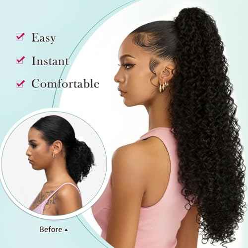SuCoo Drawstring Ponytail Extension for Women Curly Ponytail Extension Synthetic Hair Natural Wavy Hair Pieces for Daily Use £¨#1B,28 Inch,160g