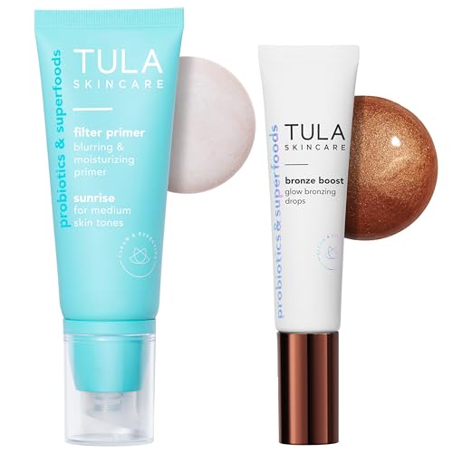 TULA Skin Care Face Filter Blurring and Moisturizing Primer, 1fl oz + Bronze Boost Glow Bronzing Drops 1 Fl Oz., 2 Piece Set