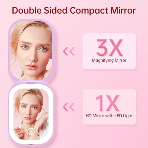 Benbilry Lighted Travel Mirror 1X/3X Magnifying Rechargeable