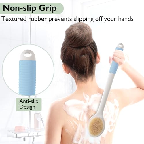 VANZAVANZU 17 Inch Anti-Slip Long Handle Back Scrubber for Shower ? Dual-Sided Shower Brush and Shower Back Scrubber with Soft and Stiff Bristles for Wet or Dry Brushing (Blue)