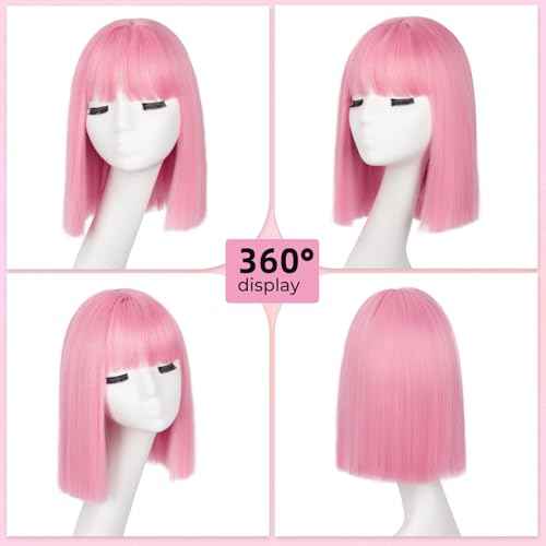 Pink Bob Wig with Bangs Short Straight Bob Wigs for Women - 12 Inch Heat Resistant Synthetic Hair for Halloween Costume Cosplay Party