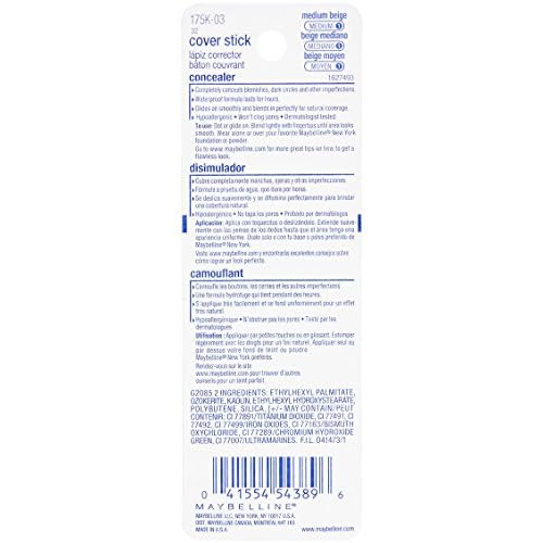Maybelline New York Cover Stick Corrector Concealer, Medium Beige, 0.16 oz.