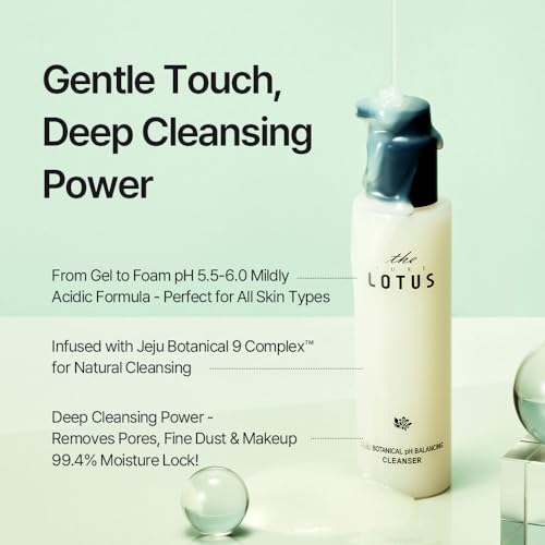 THEPURELOTUS Jeju Botanical pH Balancing Cleanser (6.76 fl.oz) - Mildly Acidic pH6.5, 2-in-1 Gentle Daily Gel-to-Foam Korean Face Wash, Vegan Cleanser