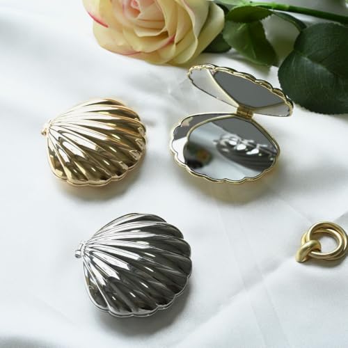 Gold Seashell Compact Mirror - Metal Pocket Handheld Makeup Mirror