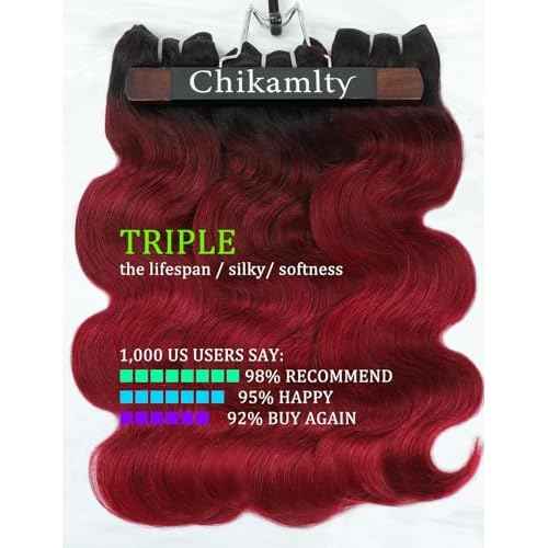 Ombre Bundles Human Hair, 13A Raw Indian Hair Bundles Body Wave, 16 Inch Colored 1B99J Burgundy Red Human Hair Bundles, Triple Service Life Keep Texture Silky Soft Tangle-Free