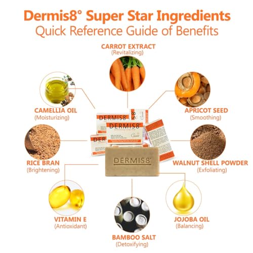 Dermis 8 Natural Carrot Soap Bar ? Brightening & Nourishing Face & Body Soap ? Made with Carrot Extract, Jojoba & Camellia Oils (200g x 6 Pack)