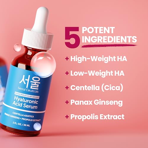 SeoulCeuticals Korean Hyaluronic Acid Serum For Face - High Molecular Weight & Low Molecular Weight Hyaluronic Acid - Centella Serum + Propolis. 1oz