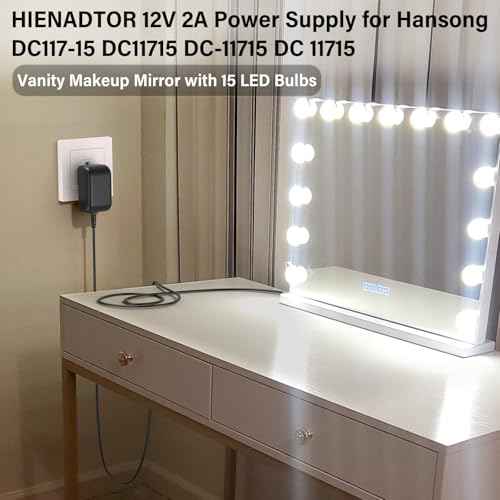 12V 2A Vanity Makeup Mirror Charger Compatible with Hansong Make-up Mirror Power Cord AC Adapter for Hansong DC117-15 DC11715 Bedroom Light Up Vanity Mirror Charging Plug 12VDC 2000mA 12.0V DC12V