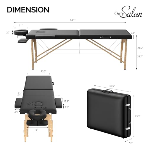 OmySalon Portable Massage Table 84x24 Black, 2-Fold, Adjustable Height & Carrying Bag