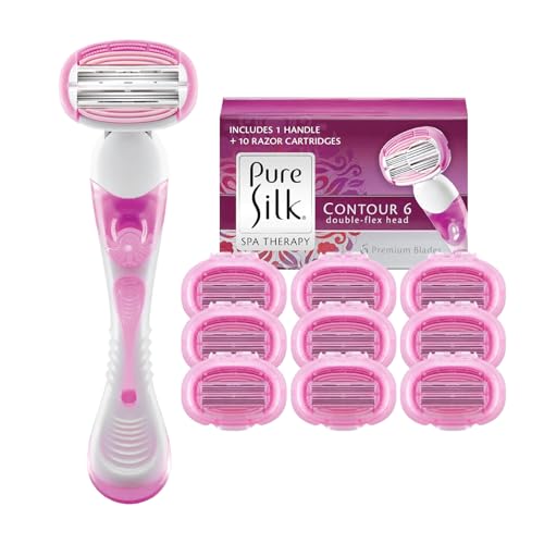 Pure Silk Women's Razor, Contour 6 Shaving Kit, Includes Razor Handle, 10 Contour 6 Blade Cartridge Refills, Shower Tray