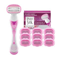 Pure Silk Women's Razor, Contour 6 Shaving Kit, Includes Razor Handle, 10 Contour 6 Blade Cartridge Refills, Shower Tray