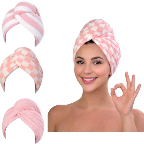 KELVO Microfiber Hair Towel Wrap Pack of 3 - Pink Solid, Stripes & Checkered - Fast Dry, Anti-Frizz, Long & Thick Hair Turban