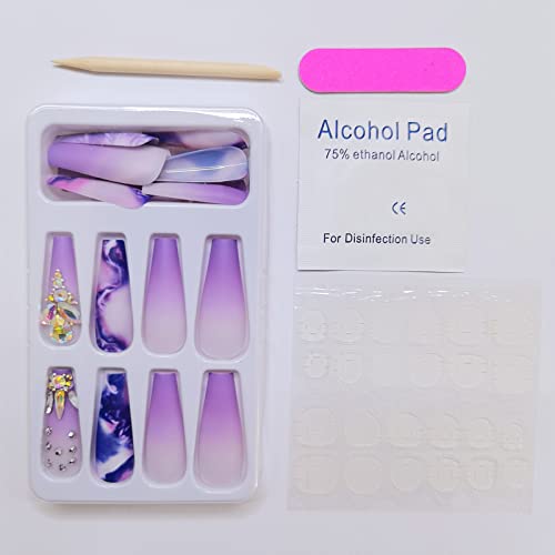 24 Pcs Press on Nails Long with Rhinestones Gradient Purple False Fake Nails Press on Coffin Artificial Nails for Women Stick on Nails with Designs on Static Violet Nails