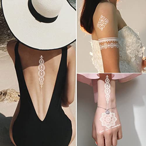 White Henna Temporary Tattoos - 6 Sheets Lace Mandala Flower Body Art