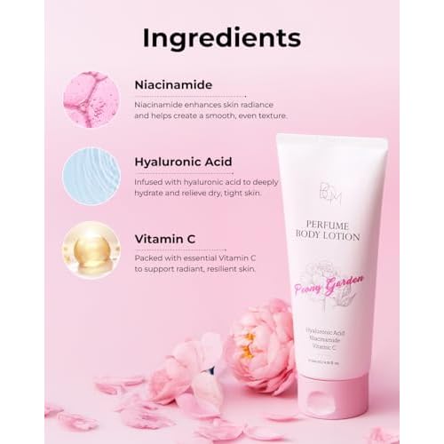 BOM Peony Garden Perfume Body Lotion 6.76 Fl Oz, Floral Scented Body Cream with Hyaluronic Acid, Niacinamide & Vitamin C, Long-Lasting Moisture & Fragrance, Non-Sticky & Smoothing, Korean Skincare