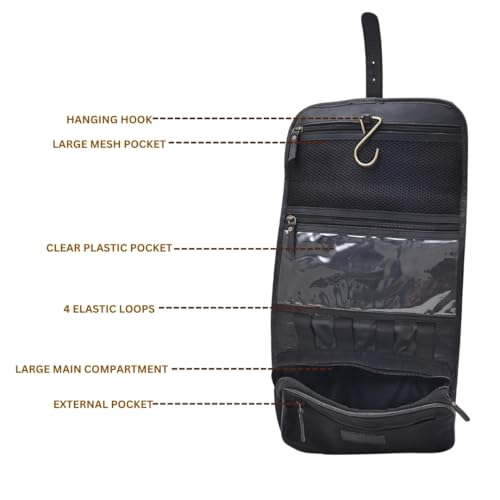 Genuine Buffalo Leather Hanging Toiletry Bag with Waterproof Lining for Men & Women Handcrafted Vintage Distressed Brownn Leather Dopp Kit, Travelling Kit (Black)