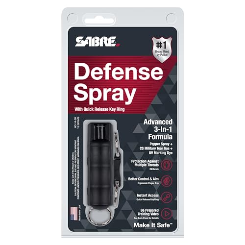 SABRE Self Defense Spray, 3-in-1 Formula Contains Max Strength Pepper Spray, CS Military Tear Gas & UV Marking Dye, Quick Release Easy Carry Key Ring, Finger Grip for Accurate Aim, 0.54 fl oz, 2 Pack